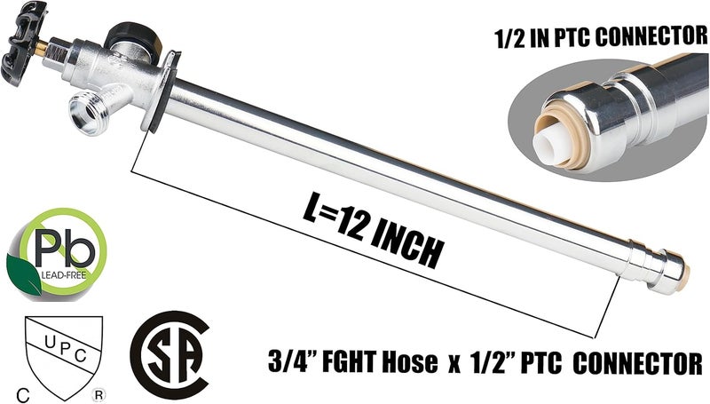 WHK 12 Inch Frost Free Outdoor Faucet Sillcock 1/2 x 3/4 Inch MHT, Frost Proof Outdoor Faucet Bib with 1/2" Push-to-Connect Plumbing Fittings, Brass Push Fit Connector for Copper, PEX, CPVC Pipe - Image 2